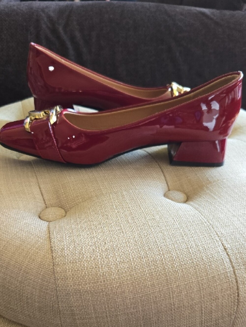 Red Patent Low Heels with Gold Accent - Picture 4 of 5